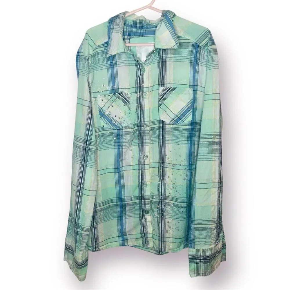 Justice Paint Splatter Silver Thread Plaid Button Down Shirt Green Blue 12